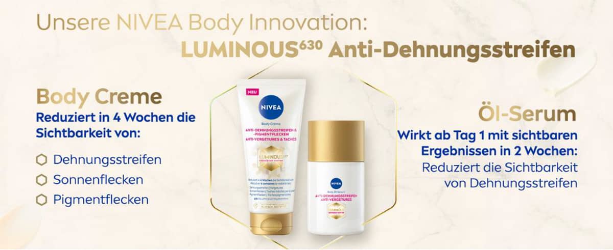 NIVEA Body Luminous W630 – reduziert die Sichtbarkeit von Dehnungsstreifen