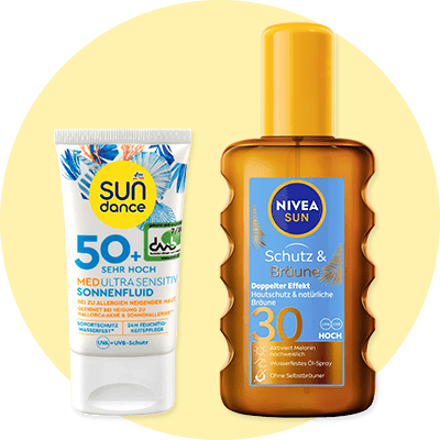 Eine gelbe Tube mit der Aufschrift „sundance Anti-Age Sonnenfluid 50 Hoch“ neben einer weißen Tube mit der Aufschrift „V.Sun Let's Spend The Day Together 30“