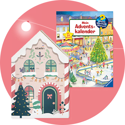 Eine Illustration zeigt ein weihnachtlich dekoriertes Haus mit der Aufschrift ebelin und einem Adventskalender mit 24 Türchen, daneben ein buntes Bild mit dem Titel Mein Adventskalender aus der Reihe Wieso Weshalb Warum, das eine festliche Szene mit einem geschmückten Weihnachtsbaum, einem Karussell und fröhlichen Menschen in Winterkleidung darstellt.