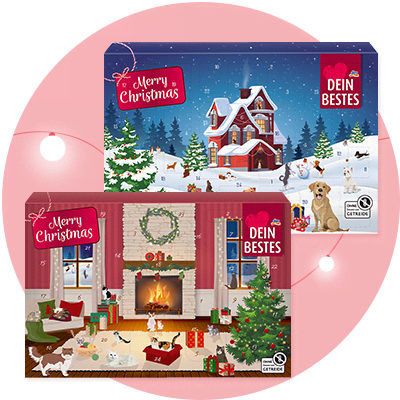 Zwei Adventskalender für Haustiere der Marke Dein Bestes mit dem Schriftzug Merry Christmas, einer zeigt eine verschneite Winterlandschaft mit einem roten Haus und Tannenbäumen, der andere eine gemütliche Wohnzimmer-Szene mit Kamin, Weihnachtsbaum und Geschenken, beide Verpackungen tragen das Logo Ohne Getreide und zeigen einen Hund und eine Katze.
