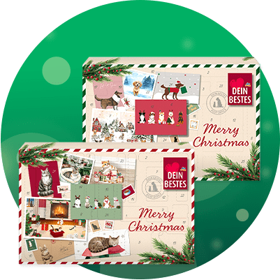 Zwei aufklappbare Adventskalender-Verpackungen mit Weihnachtsmotiven, jeweils mit dem Schriftzug „Merry Christmas“ und rotem Markenlabel „DEIN BESTES“, gestaltet mit Tannenzweigen, kleinen Bildern von Tieren und Geschenkillustrationen