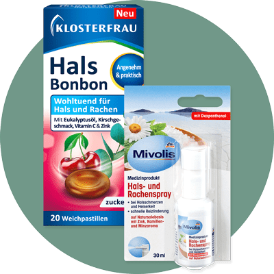 Zwei Produktverpackungen: Links eine Packung Halsbonbons mit der Aufschrift „Wohltuend für Hals und Rachen“ und „Mit Eukalyptusöl, Kirschgeschmack, Vitamin C & Zink“, rechts ein Mivolis Hals- und Rachenspray mit der Aufschrift „Medizinprodukt“ und „Bei Halsschmerzen und Heiserkeit“