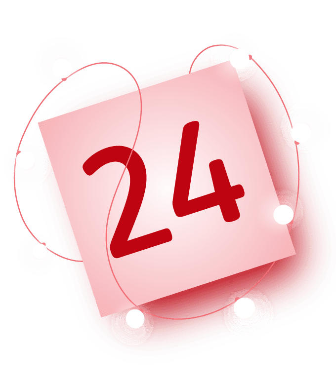 Illustration eines roten Quadrats mit der Zahl 24 in der Mitte, umgeben von weißen Lichtern und einem roten Hintergrund