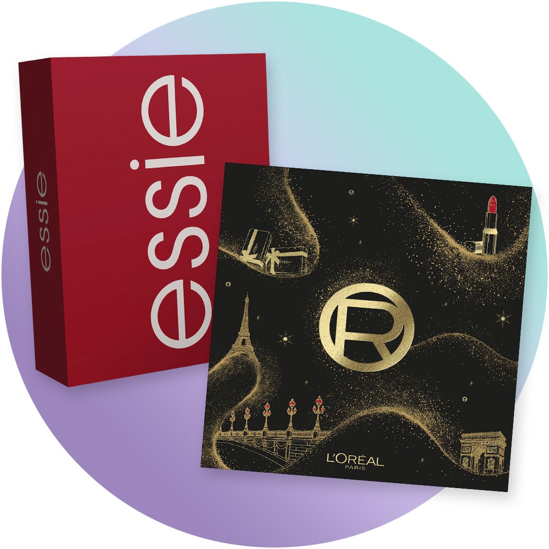 Rotes Geschenkset mit weißem Schriftzug „essie“ neben schwarzer quadratischer L'Oréal-Geschenkverpackung mit goldenen Paris-Motiven und L'Oréal-Logo. Bild mithilfe von KI erstellt