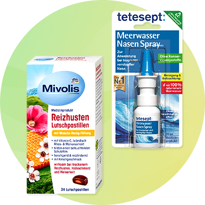 Eine Packung Mivolis Reizhusten Lutschpastillen mit Manuka-Honig-Füllung und eine Verpackung des Meerwasser Nasensprays von tetesept mit der Aufschrift „Zur Anwendung bei trockener, verstopfter Nase“