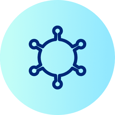 Ein dunkelblaues Symbol auf einem hellblauen Hintergrund zeigt einen Kreis mit sechs gleichmäßig verteilten, nach außen gerichteten Linien, die jeweils in einem kleineren Kreis enden.