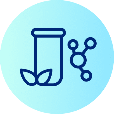 Ein blau umrissener Reagenzglas-Icon mit zwei Blättern an der Basis und daneben ein Molekül-Symbol auf rundem hellblau-türkisfarbenem Hintergrund