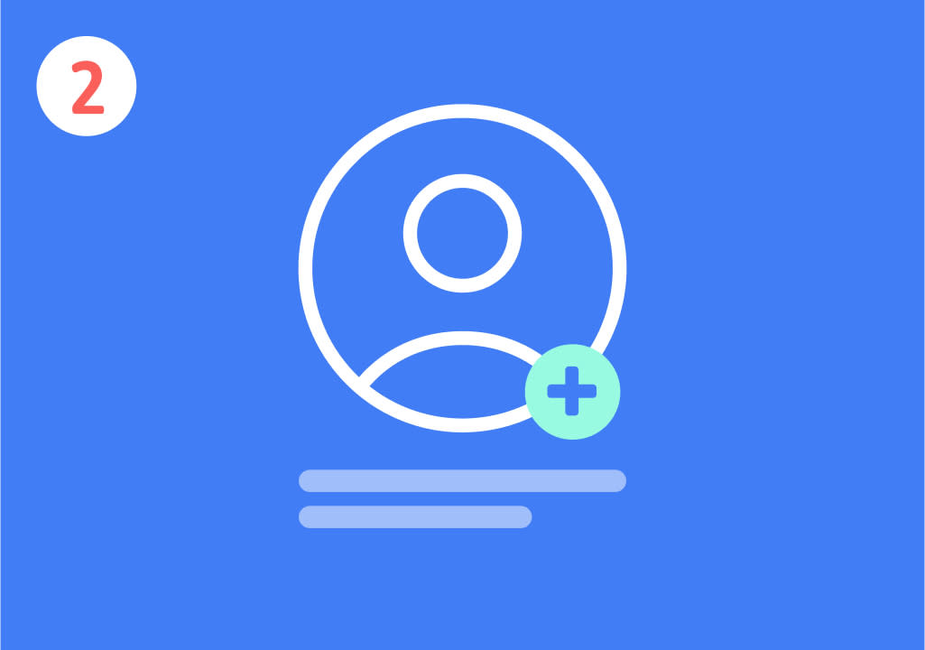 Eine Illustration auf blauem Hintergrund zeigt ein weißes Symbol eines stilisierten menschlichen Kopfes und Oberkörpers, das von einem Kreis umgeben ist, mit einem kleinen hellblauen Kreis mit einem weißen Pluszeichen unten rechts, das auf eine Funktion zum Hinzufügen hinweist; oben links befindet sich eine weiße Nummer zwei in einem roten Kreis.