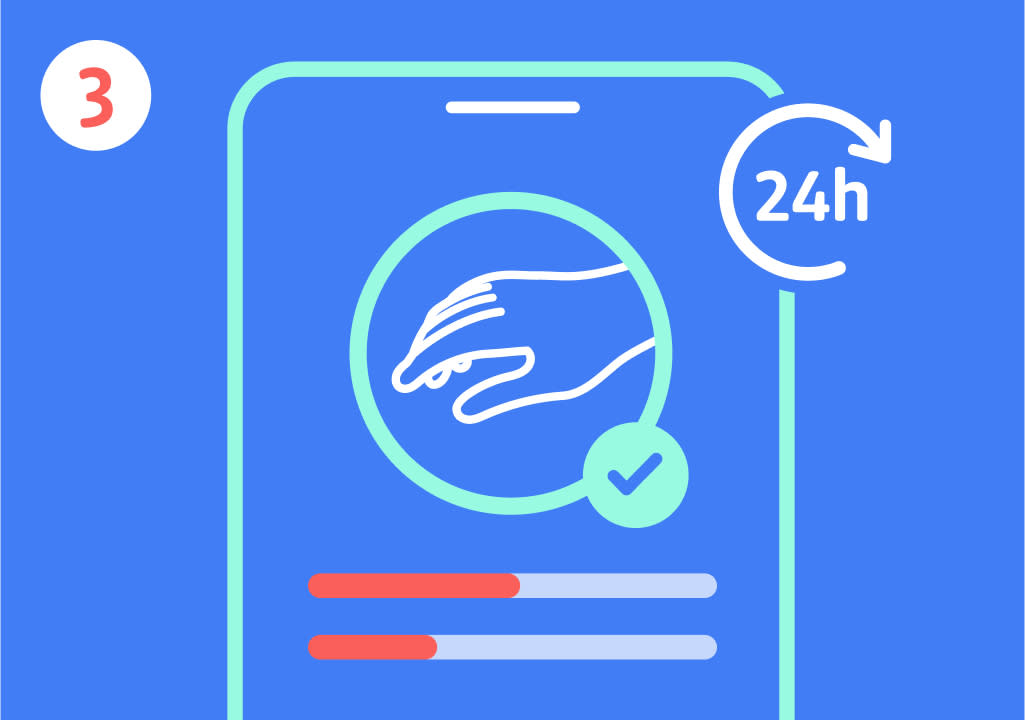 Eine Illustration zeigt ein stilisiertes Smartphone auf blauem Hintergrund mit einer weißen Hand, die in einem grünen Kreis dargestellt ist, daneben ein grüner Haken, darüber ein weißer Kreis mit einem Pfeil und der Aufschrift „24h“, unten zwei Balken, einer rot und einer grau, oben links eine weiße Zahl „3“ in einem roten Kreis.