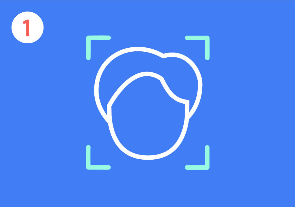 Eine Illustration auf blauem Hintergrund zeigt ein stilisiertes weißes Gesicht mit einer geschwungenen Haarlinie, umgeben von vier grünen Ecken, die einen Rahmen bilden, oben links befindet sich eine weiße Kreisfläche mit einer roten Zahl 1 darin.