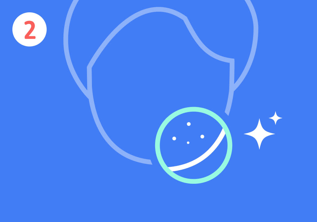 Eine Illustration zeigt eine stilisierte Umrisszeichnung eines Kopfes auf blauem Hintergrund, daneben befindet sich eine vergrößerte Darstellung eines kreisförmigen Bereichs mit kleinen Punkten, die Hautunreinheiten darstellen könnten, und zwei weiße Glanzsterne, die auf Reinigung oder Verbesserung hinweisen, oben links ist eine rote Zahl 2 in einem weißen Kreis sichtbar.