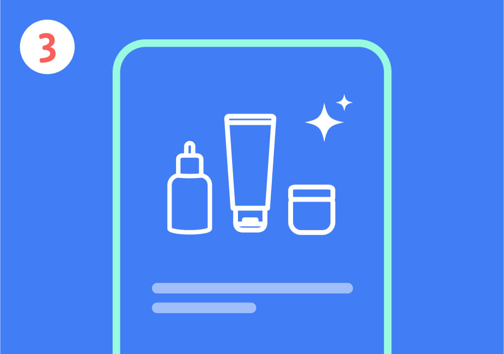 Eine Illustration auf blauem Hintergrund zeigt drei stilisierte Pflegeprodukte: eine Flasche mit Tropfverschluss, eine Tube und ein Tiegel, daneben zwei funkelnde Sterne, oben links befindet sich eine weiße Kreisfläche mit der roten Zahl 3, darunter sind zwei horizontale Linien angedeutet, die Text darstellen könnten.