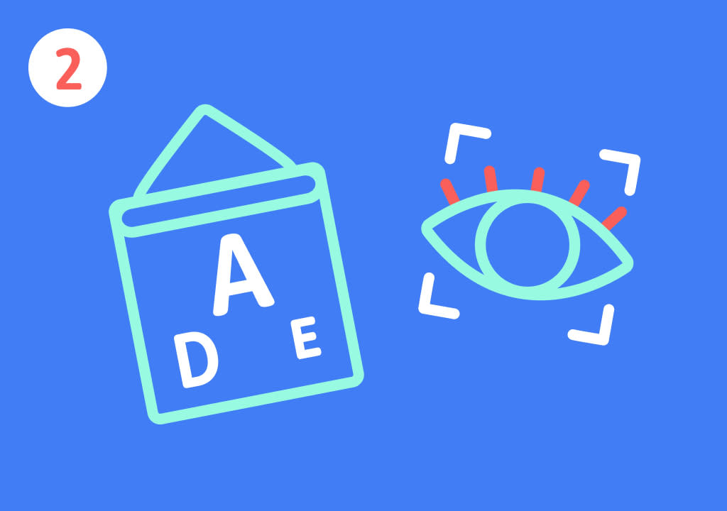 Illustration auf blauem Hintergrund zeigt links ein weißes Schild mit rotem Buchstaben A in der Mitte und kleineren roten Buchstaben D und E darunter, rechts daneben ein stilisiertes Auge in Türkis mit roten Wimpern und einem weißen Rahmen darum, oben links in einem weißen Kreis die rote Zahl 2