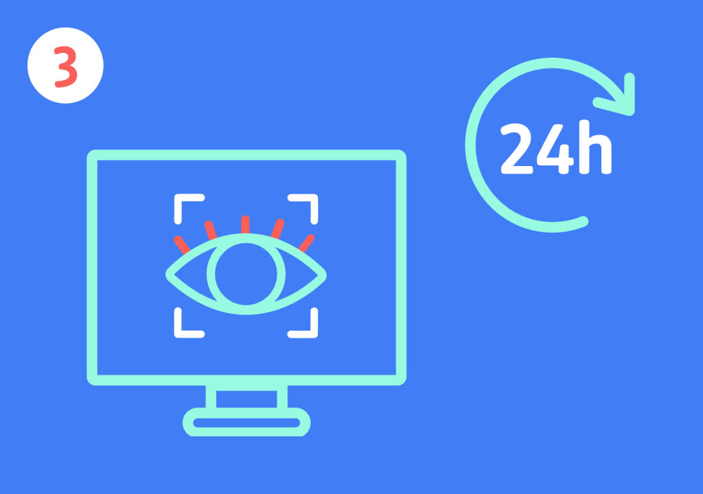 Eine Illustration zeigt einen blauen Hintergrund mit einem grünen Computerbildschirm, auf dem ein stilisiertes Auge mit roten Wimpern und einem weißen Rahmen abgebildet ist, daneben befindet sich ein weißer Kreis mit einem grünen Pfeil und der Aufschrift 24h, oben links ist ein weißer Kreis mit der roten Zahl 3 zu sehen.