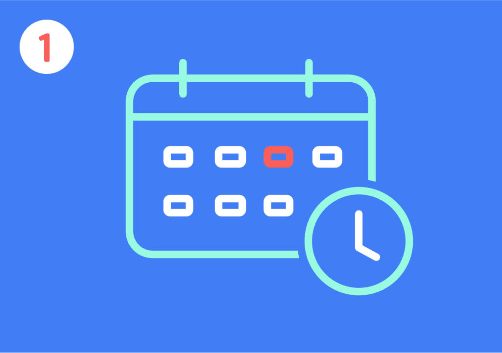 Eine Illustration zeigt einen Kalender mit sechs weißen Kästchen und einem roten Kästchen auf blauem Hintergrund, daneben eine Uhr mit einem weißen Zifferblatt und Zeigern, die auf drei Uhr stehen, oben links eine weiße Eins in einem roten Kreis.