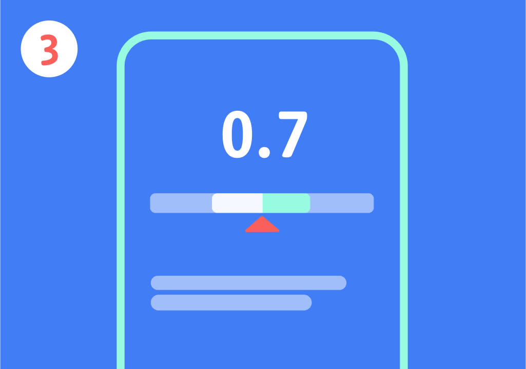 Eine Illustration zeigt ein blaues Rechteck mit abgerundeten Ecken, das eine digitale Anzeige darstellt, auf der die Zahl 0.7 in Weiß geschrieben ist, darunter befindet sich ein horizontaler Balken mit einem roten Pfeil, der auf einen hellblauen Abschnitt zeigt, links oben im Bild steht die rote Zahl 3 in einem weißen Kreis.