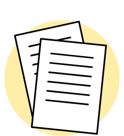 Zwei übereinander liegende Blattseiten mit schwarzen Linien als Text vor gelbem Kreis im Hintergrund
