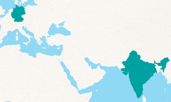 Eine Karte zeigt Europa und Asien. Großbritannien und Indien sind in Dunkelgrün hervorgehoben.