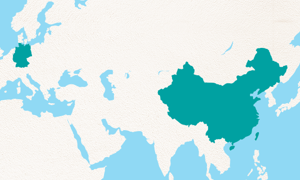 Eine Karte zeigt Asien mit China in dunklerer Farbe hervorgehoben.