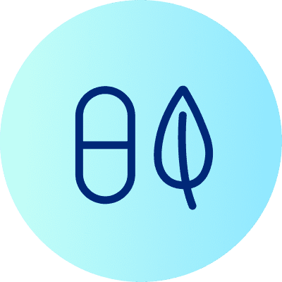 Ein blaues Icon zeigt eine Kapsel und ein Blatt auf einem hellblauen Hintergrund