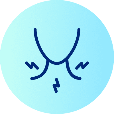 Eine blaue Illustration auf hellblauem Hintergrund zeigt stilisierte Halslinien mit Zickzacklinien, die Schmerzen oder Spannung symbolisieren
