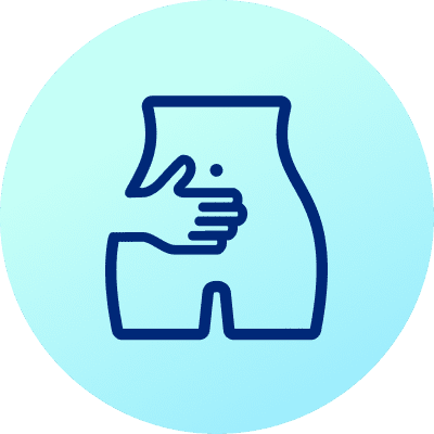 Eine blaue Illustration zeigt eine stilisierte Hand, die einen Bauch umfasst, auf einem hellblauen Hintergrund