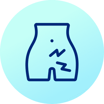 Eine Illustration im minimalistischen Stil zeigt einen stilisierten Bauch mit zwei Zickzack-Linien, die Schmerzen symbolisieren