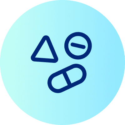 Illustration mit einem blauen Dreieck, einem Kreis mit horizontalem Strich und einer Kapsel auf hellblauem Hintergrund