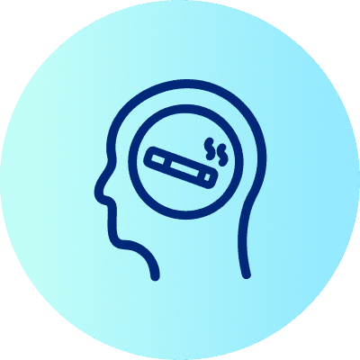 Eine Illustration zeigt ein blaues Profil eines menschlichen Kopfes auf hellblauem Hintergrund mit einem Symbol einer Zigarette im Gehirn