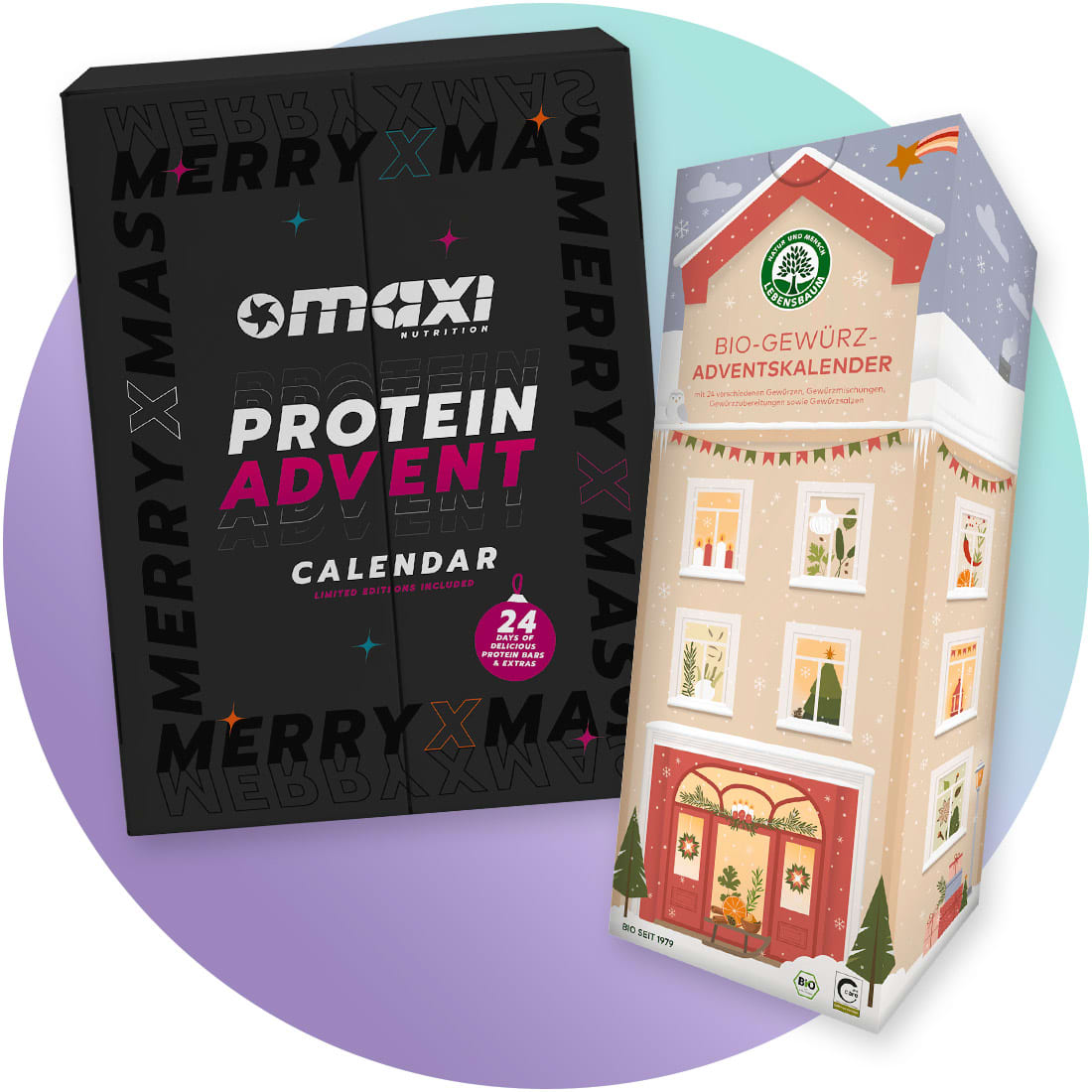 Zwei Adventskalender nebeneinander: links schwarzer Maxi Nutrition „Protein Advent Calendar“ mit großem weißen Logo und pinkem Schriftzug „PROTEIN ADVENT“, rechts hoher Papier-Adventskalender in Form eines Hauses mit Aufschrift „BIO-GEWÜRZ-ADVENTSKALENDER“ und winterlicher Fenster- und Türillustration. Bild mithilfe von KI erstellt