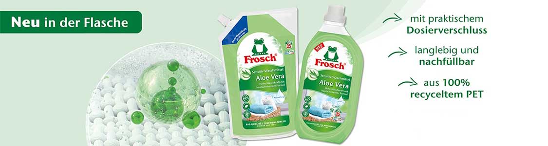 Zwei grüne Frosch-Aloe-Vera-Flaschen für Geschirrspülmittel, links Nachfüllbeutel, rechts Nachfüllflasche mit Dosierverschluss, Texthinweise: „Neu in der Flasche“, „mit praktischem Dosierverschluss“, „langlebig und nachfüllbar“, „aus 100% recyceltem PET“