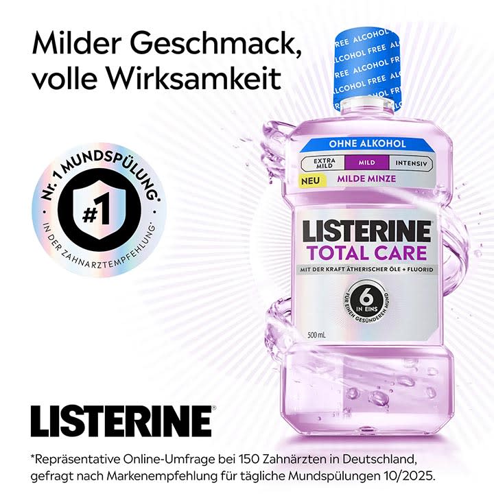 Flasche Listerine Total Care Mundspülung 500 ml in durchsichtiger rosa Plastikflasche mit Aufschrift „OHNE ALKOHOL“, „MILDE MINZE“, Logo „LISTERINE TOTAL CARE“ und Emblem „6 in eins“ sowie Siegel „Nr. 1 Mundspülung in der Zahnärzteempfehlung“