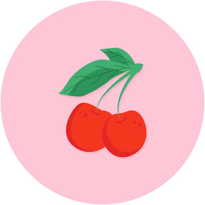 Illustration von zwei roten Kirschen mit grünen Blättern auf rosa Hintergrund