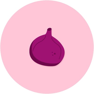 Eine Illustration einer dunkelvioletten Feige auf einem hellrosa Hintergrund