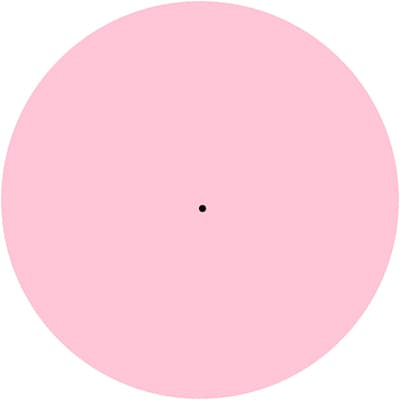 Ein kleiner schwarzer Punkt in der Mitte eines großen rosa Kreises