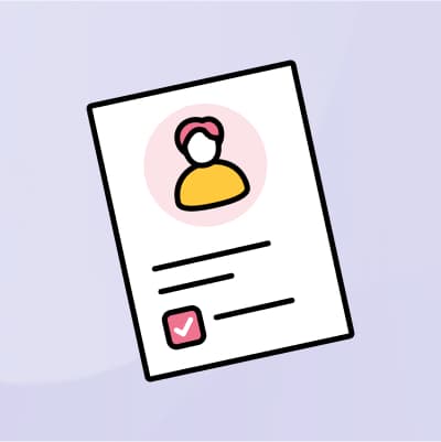 Illustration eines stilisierten Lebenslaufs mit einer Person mit einem roten Halbkreis als Haar und mit gelben Kreis als Körper, darunter zwei schwarze Linien und ein rosa Quadrat mit einem weißen Häkchen