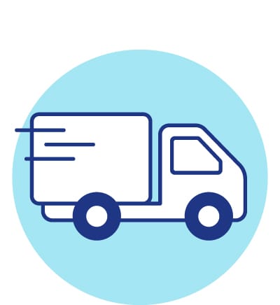 Eine Illustration eines weißen Lieferwagens mit blauen Umrissen und Linien auf einem hellblauen Kreis-Hintergrund