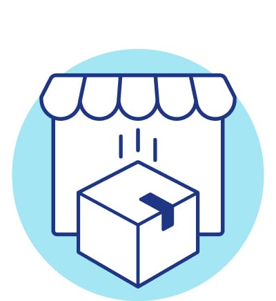 Eine Illustration im minimalistischen Stil zeigt ein Paket vor einem Geschäft mit Markise auf einem hellblauen Kreis-Hintergrund