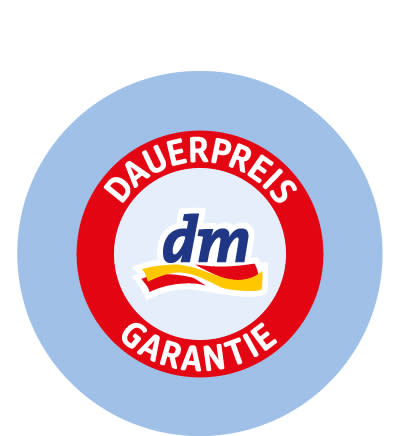 Das Logo von dm mit der Aufschrift „Dauerpreis Garantie“ in einem roten Kreis auf blauem Hintergrund
