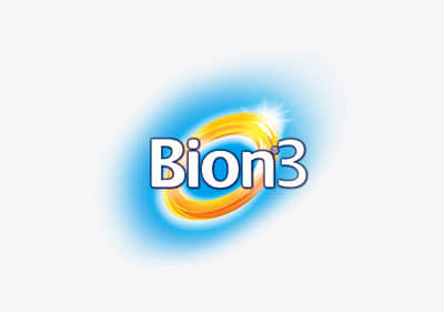 Das Logo von Bion3 mit einem goldenen Ring auf blauem Hintergrund