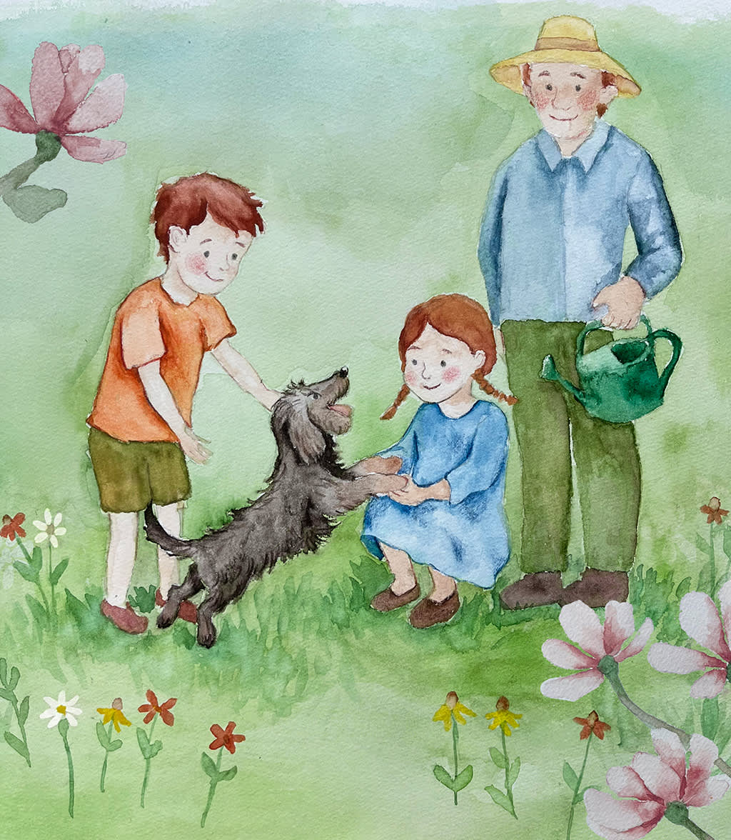 Eine Illustration im Aquarellstil zeigt ein Kind in einem orangefarbenen T-Shirt, das einen Hund streichelt, ein weiteres Kind in einem blauen Kleid, das den Hund umarmt, und eine Person in einem blauen Hemd, die eine grüne Gießkanne hält