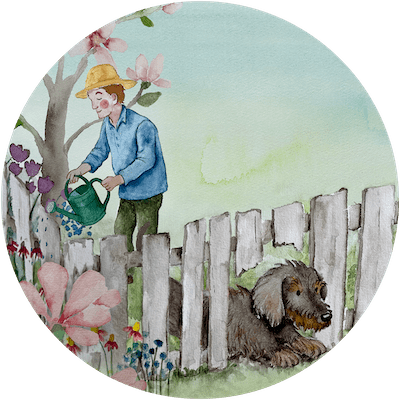 Eine Illustration im Aquarellstil zeigt einen Mann mit Strohhut und blauem Hemd, der Blumen mit einer Gießkanne wässert, während ein grauer Hund neben einem Holzzaun steht