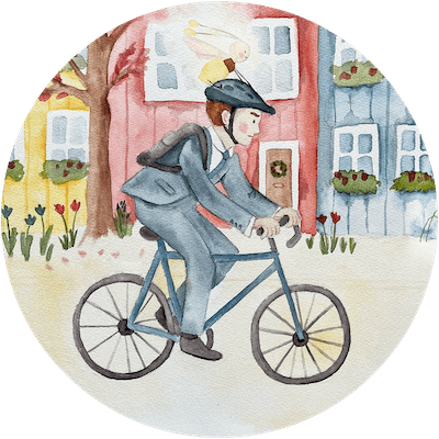 Eine Illustration im Aquarellstil zeigt eine Person in einem grauen Anzug, die auf einem blauen Fahrrad fährt, im Hintergrund sind bunte Häuser und Blumen zu sehen