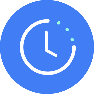 Ein blaues Symbol mit einem weißen Uhr-Icon und drei kleinen grünen Punkten oben rechts