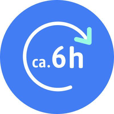 Ein blaues Symbol mit einem weißen Kreis und einem Pfeil, der nach rechts oben zeigt, in der Mitte steht „6h“