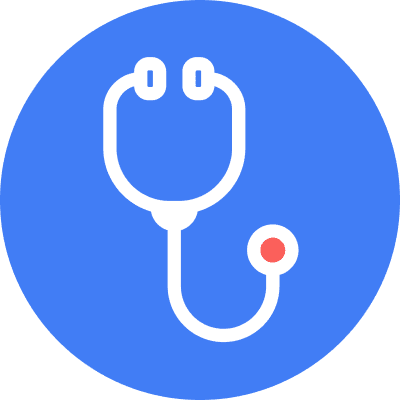 Ein weißes Stethoskop mit einem roten Punkt auf blauem Hintergrund