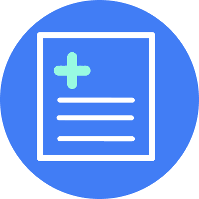 Eine Illustration zeigt ein blaues Dokument mit einem grünen Kreuz oben links und drei horizontalen Linien darunter