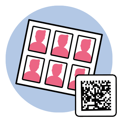 Eine Illustration zeigt sechs rosa Silhouetten von Personen in einem Raster auf einem blauen Kreis, daneben ein QR-Code
