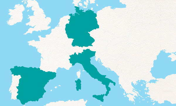 Karte von Westeuropa mit hervorgehobenen Ländern Deutschland, Italien und Spanien in Grün vor hellblauem Meer und hellbeigem Landhintergrund