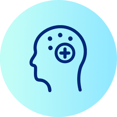Eine Illustration eines blauen Kopfes im Profil auf einem hellblauen Hintergrund mit einem Pluszeichen und fünf Punkten im Gehirnbereich